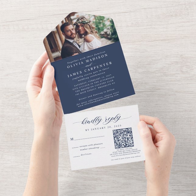 Modernes Boho Foto UAWG QR Code Navy Blue Wedding All In One Einladung (Abreißen)