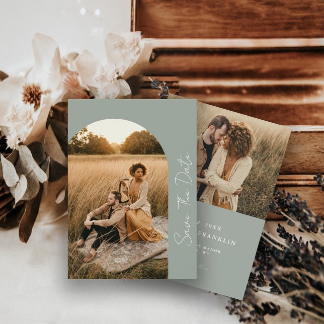 Modernes Boho Frame Sage Wedding Foto Save The Date (Von Creator hochgeladen)