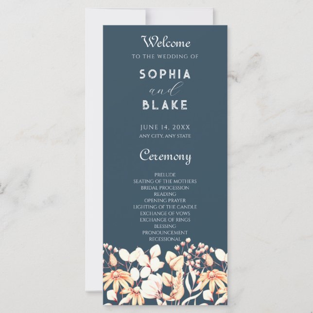 Modernes Boho Garden Blue Wedding Programm (Vorderseite)