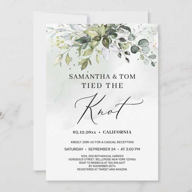 Modernes boho grünes Blatt gebunden den Knoten eng Einladung (Vorderseite)