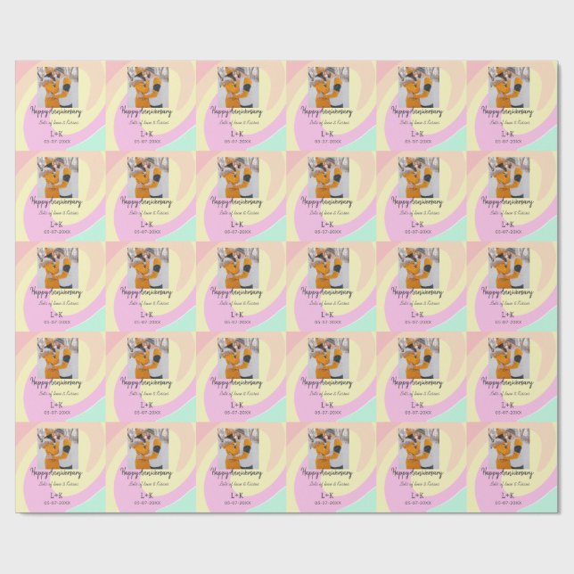 Modernes boho Happy Jubiläum Namensdatum orange hi Geschenkpapier (Flach)