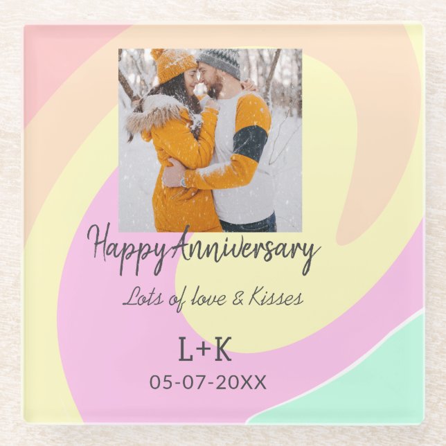 Modernes boho Happy Jubiläum Namensdatum orange hi Glasuntersetzer (Vorderseite)