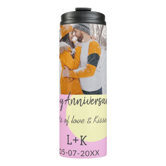 Modernes boho Happy Jubiläum Namensdatum orange hi Thermosbecher (Vorderseite)