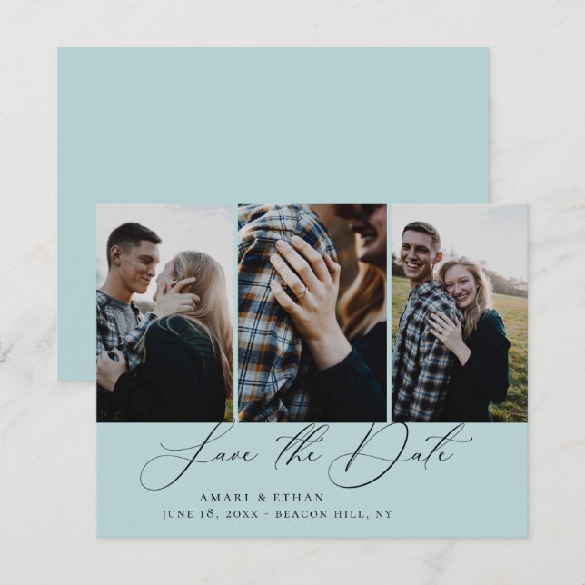 Modernes Boho Kalligrafie Multi-Foto Save the Date Ankündigung (Vorne/Hinten)