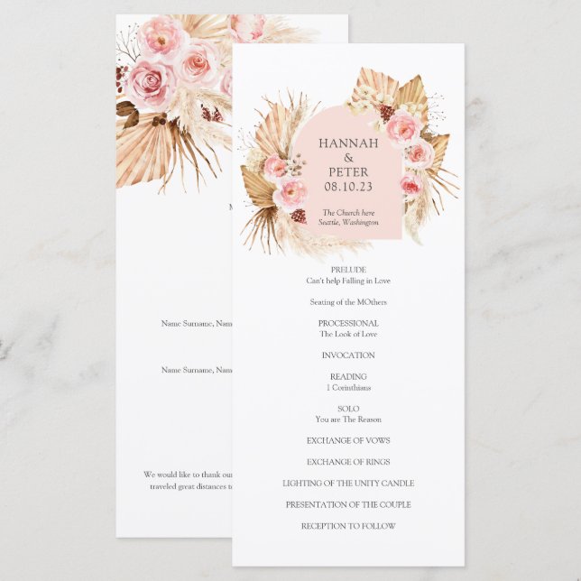 Modernes Boho Pampas Grass Floral Wedding Programm (Vorne/Hinten)