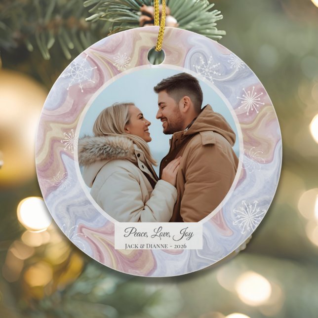 Modernes Boho Personalisiertes Foto Keramik Ornament (Modern Boho Circle Ceramic Holiday Photo Ornament)