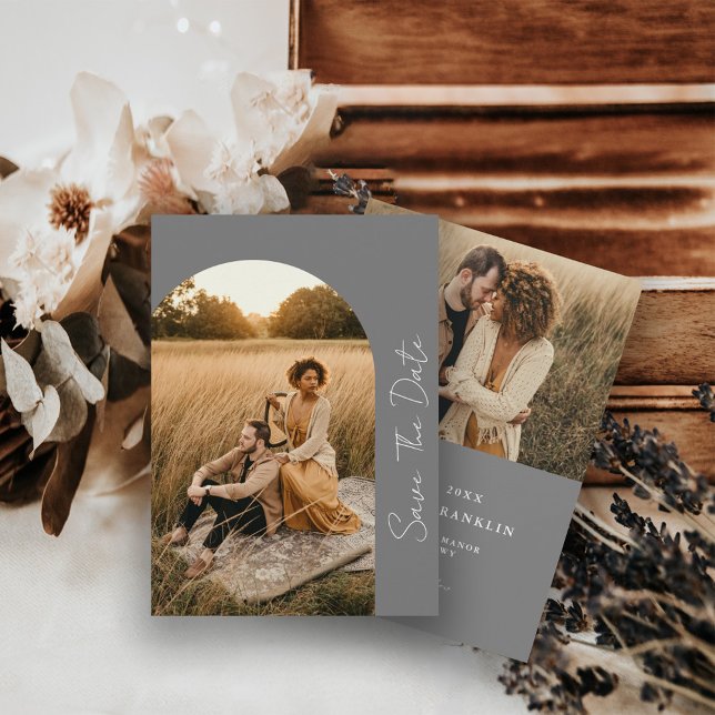 Modernes Boho Rahmen Wedding Gray Foto Save The Date (Von Creator hochgeladen)