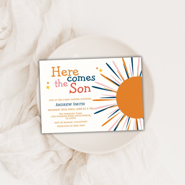 Modernes Boho Retro kommt hier zur Son Baby Dusche Einladung (Modern Boho Retro Here Comes The Son Baby Shower Invitation)