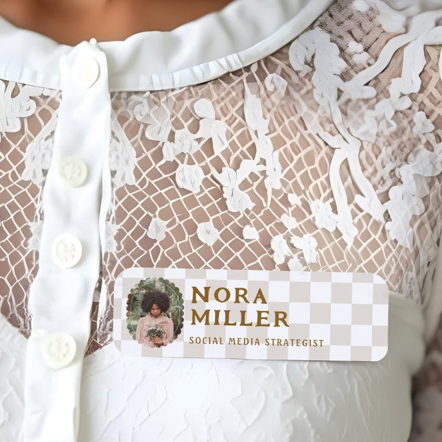 Modernes Boho Retro Vintages, kariertes Muster Fot Namensschild (Modern Boho Retro Vintage Checkered Pattern Photo Name Tag)