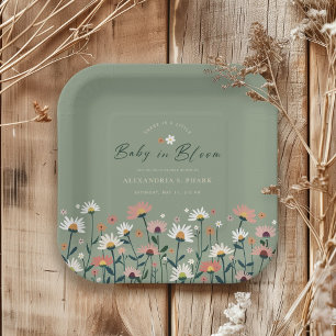 Modernes Boho Wildblume Sage Baby in Blütendusche Pappteller