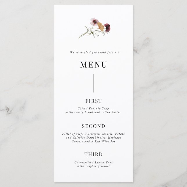 Modernes Boho Wildblume Wedding Menu Menükarte (Vorderseite)