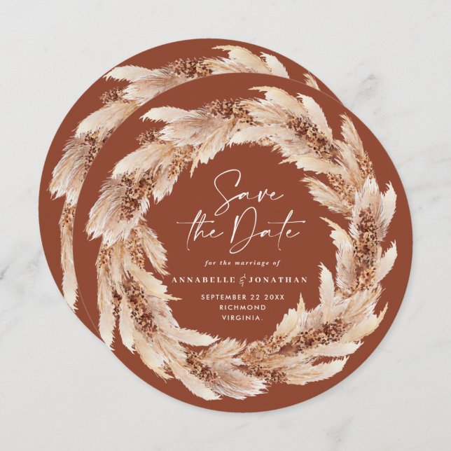 Modernes bohobisches Terracotta Pampas Gras Hochze Einladung (Vorne/Hinten)