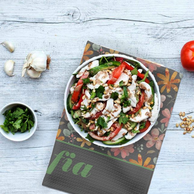 Modernes bohoner Wildblume rosa gelbes Muster grau Geschirrtuch (Von Creator hochgeladen)