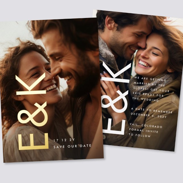 Modernes BOLD Gold 2 Foto Monogramm Save the Date Folieneinladung (Von Creator hochgeladen)