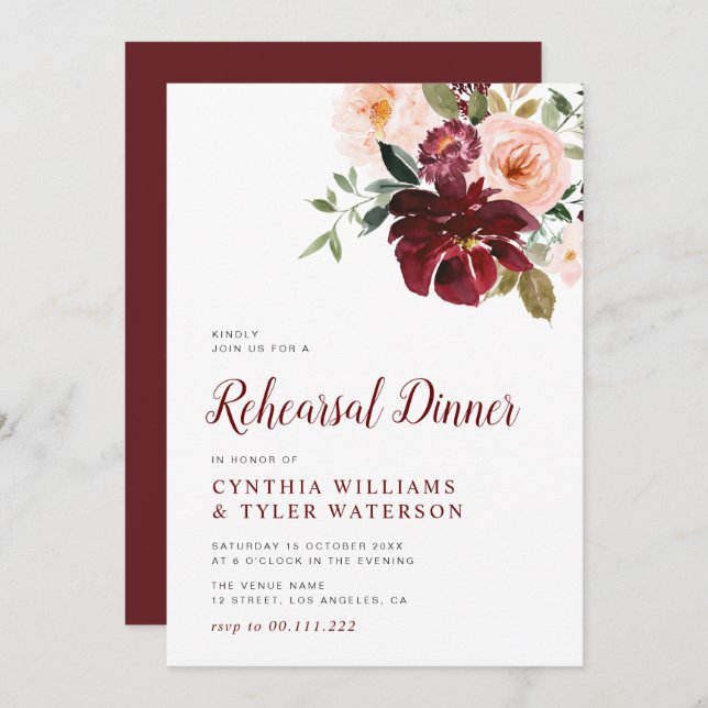 Modernes Bordeaux- und Blütendinner Probe Einladung (Vorne/Hinten)