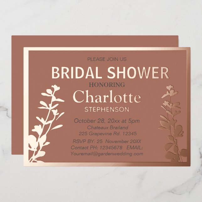 Modernes botanisches Blätter Brautparty Folieneinladung (Vorderseite/Rückseite)
