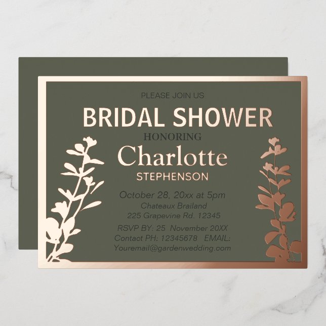 Modernes botanisches Blätter Brautparty Folieneinladung (Vorderseite/Rückseite)