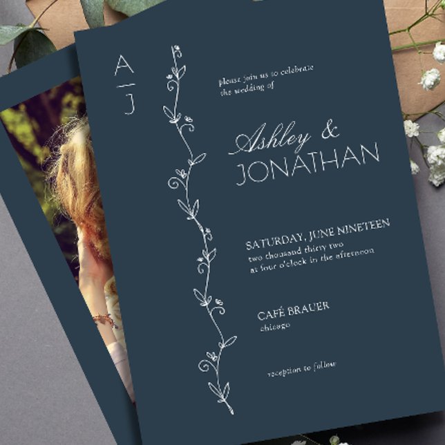 Modernes botanisches Divider Hochzeit eines navy-B Einladung (Von Creator hochgeladen)