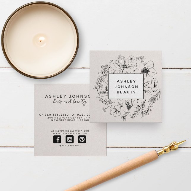 Modernes botanisches Erröten Rosa Weiß und Schwarz Quadratische Visitenkarte (Von Creator hochgeladen)