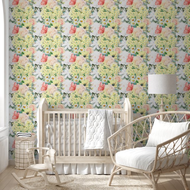 Modernes botanisches Flora-Muster Himmel Blau Tapete (Kinder)