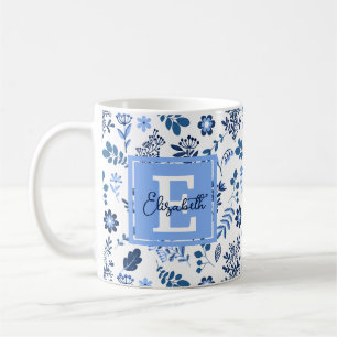 Modernes botanisches Folk Art Blue White Monogram  Kaffeetasse