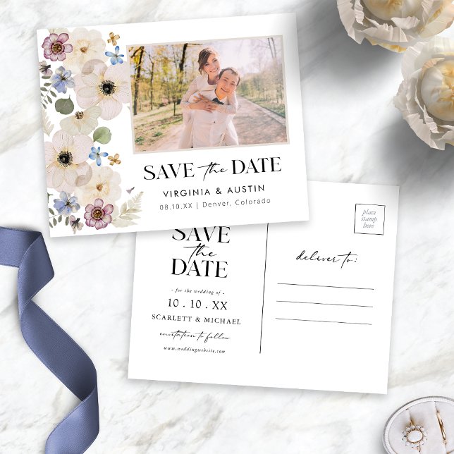 Modernes botanisches Foto Save the Date Postkarte (Modern Botanical Floral Photo Save The Date Postcard by Painted Paperie
)