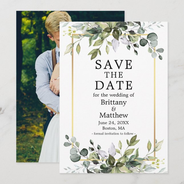 Modernes Botanisches Foto Wasserfarbe Gold Save The Date (Vorne/Hinten)