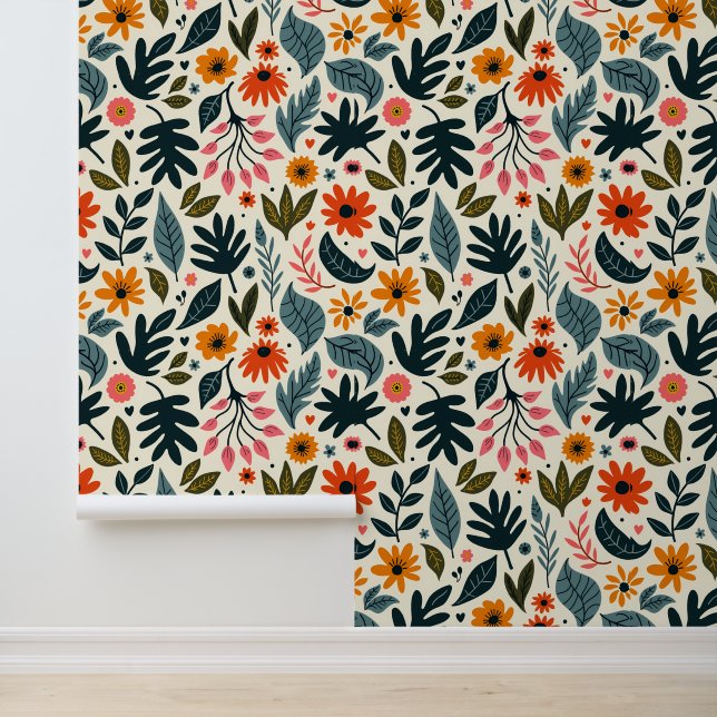 Modernes Botanisches Gartenmuster - Trendy Orange Tapete (Anwendung)