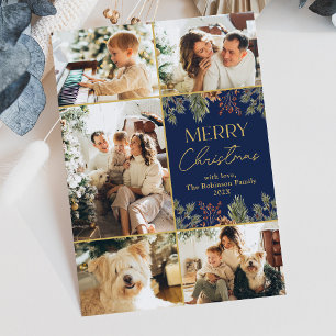 Modernes botanisches Gold Script Blue Foto Christm Feiertagskarte