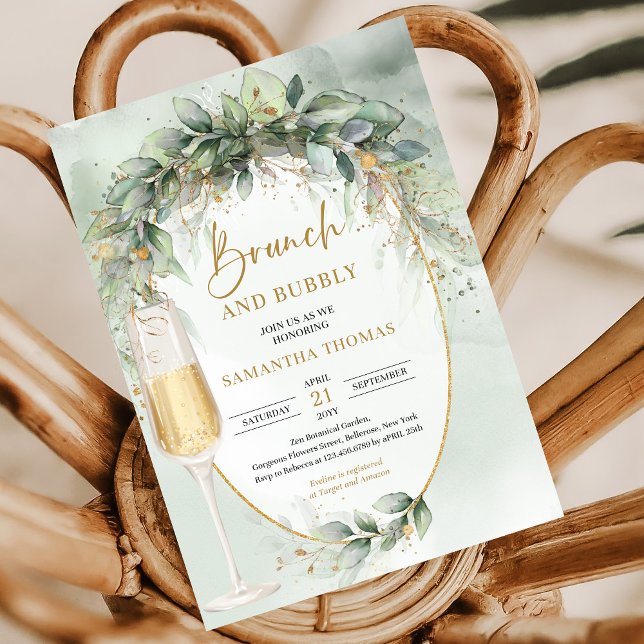 Modernes botanisches Grün & Goldbrunch und Bläsche Einladung (Rustic watercolor eucalyptus greenery gold brunch and bubbly invitation digital)
