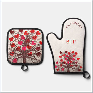 Modernes botanisches Herz Unsere Küche Ofenhandschuh & Topflappen-Set