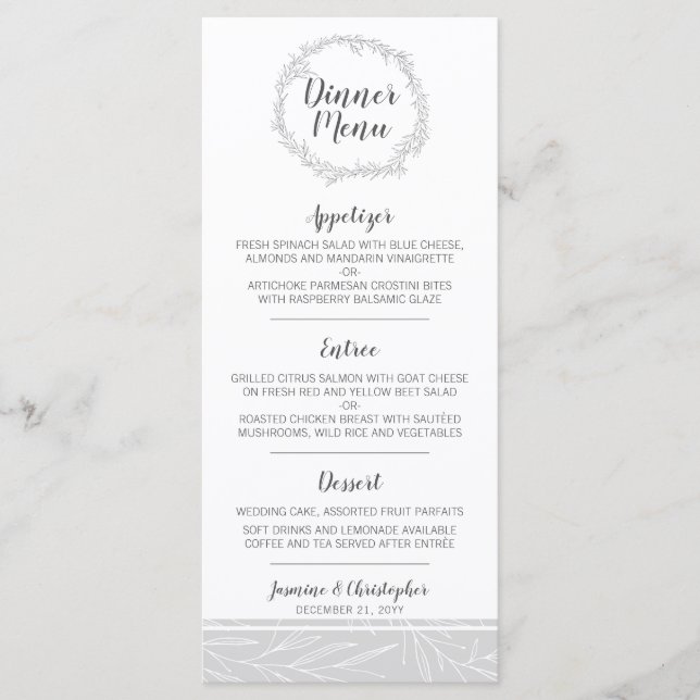 Modernes Botanisches Leaf Silver Wreath Dinner Men Menükarte (Vorderseite)