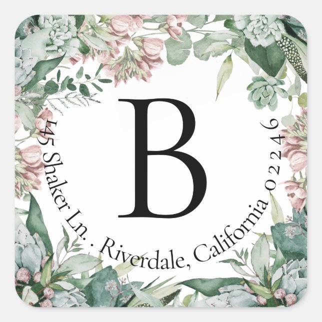Modernes botanisches Monogramm-Rücksendezeichen Quadratischer Aufkleber (Vorderseite)