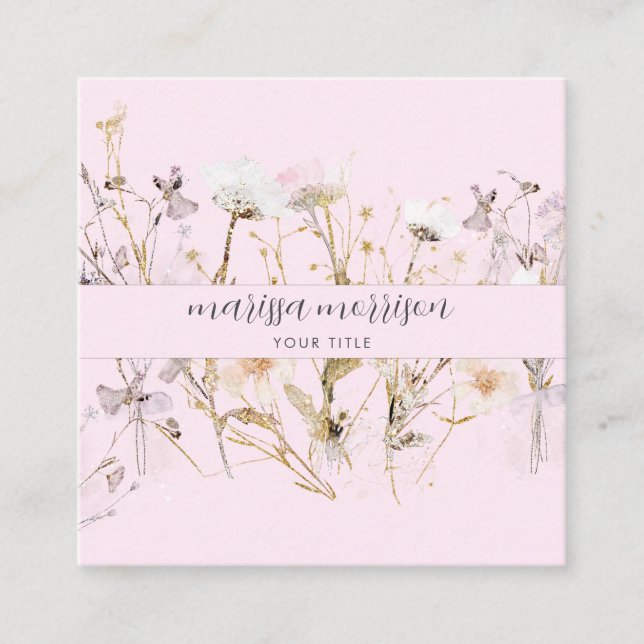 Modernes Botanisches rosa Schwarzes Namensschild Quadratische Visitenkarte (Vorderseite)