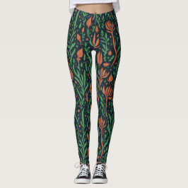 Modernes Botanisches Rotes Grün Blätter Blumenmust Leggings