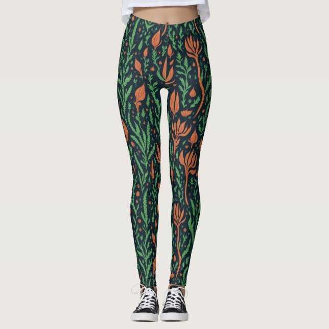 Modernes Botanisches Rotes Grün Blätter Blumenmust Leggings (Vorderseite)