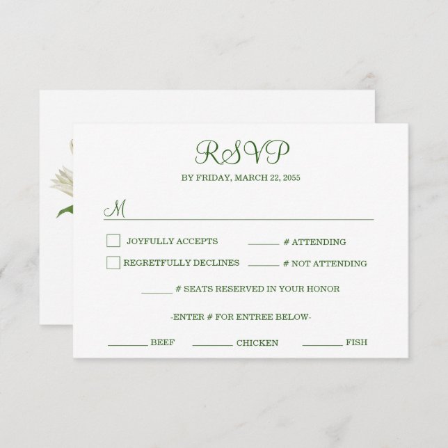 Modernes botanisches | White Lily Wedding RSVP Karte (Vorne/Hinten)