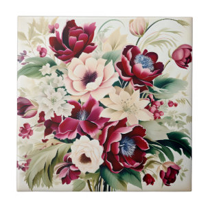 Modernes Bouquet von Burgunder Blüten und grünen B Fliese