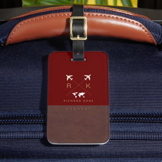Modernes Braun/Rotes Gepäckstück mit Name Gepäckanhänger (Vorderseite Insitu 2)