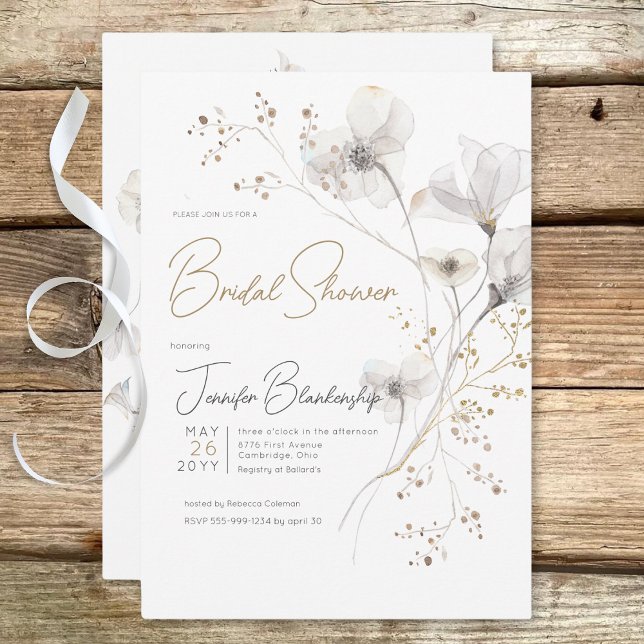 Modernes Brautparty aus Weiß, Grau und Gold Einladung (Modern White Gray & Gold Floral Bridal Shower Invitation)