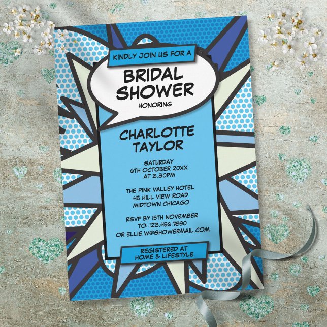 Modernes Brautparty Comic Buch Blauer Spaß Einladung (Modern Bridal Shower Comic Book Blue Fun Invitation)