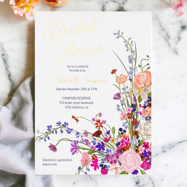 Modernes Brautparty für Fallwild-Blume Folieneinladung (Modern fall wild flowers script bridal shower foil invitation)