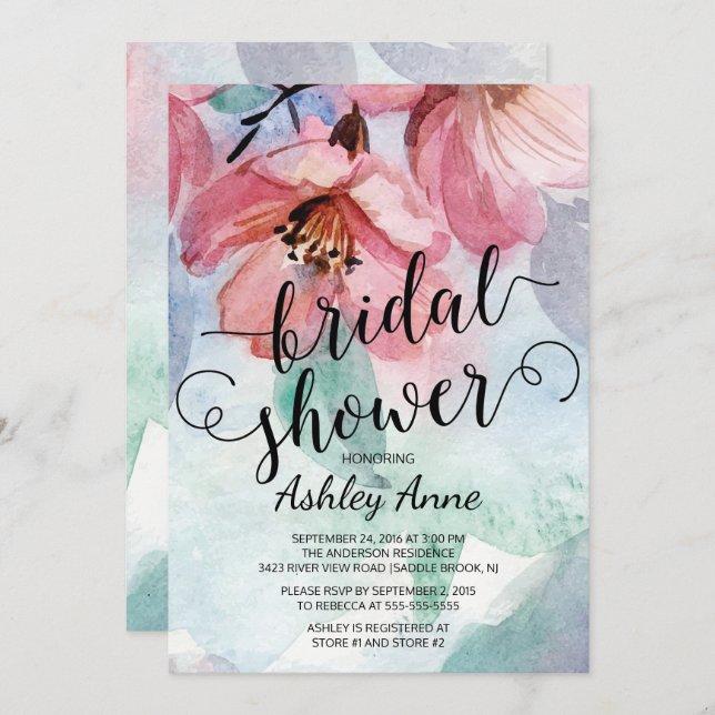 Modernes Brautparty in Aquarellfarbe Rosa Einladung (Vorne/Hinten)