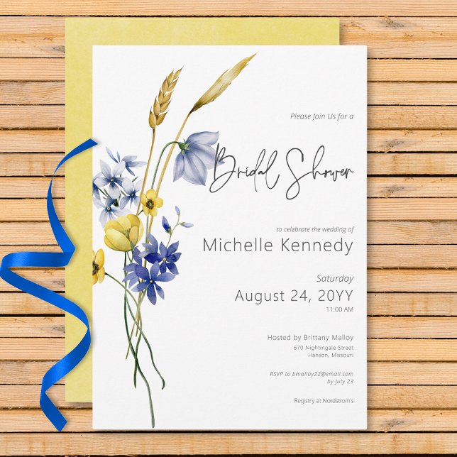 Modernes Brautparty mit blauen und gelben Wildblum Einladung (Modern Blue & Yellow Wildflowers Bridal Shower Invitation)