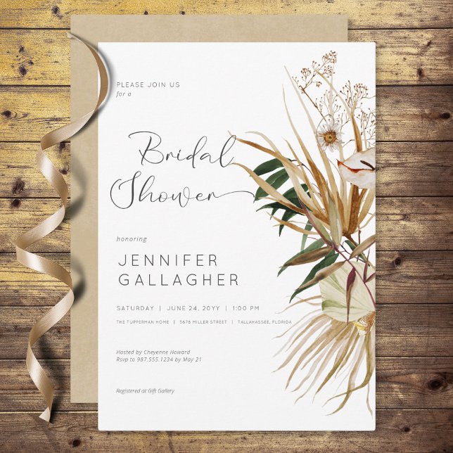 Modernes Brautparty mit weißem Boho-Trockenblumen Einladung (Modern White Boho Dried Floral Bridal Shower Invitation)