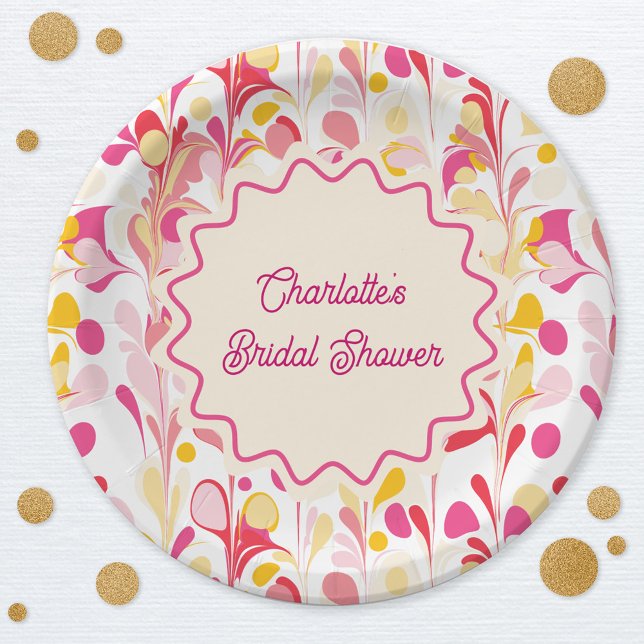 Modernes Brautparty Retro Abstrakt rosa Wavy Pappteller (Modern abstract groovy abstract wavy personalized bridal shower party paper plates)