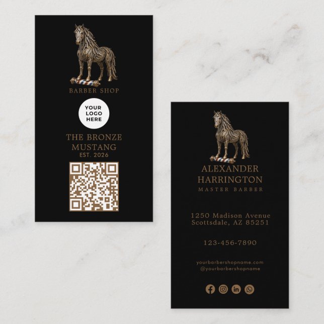 Modernes Bronze-Mustang-Friseurstudio-Logo-Qr-Code Visitenkarte (Vorne/Hinten)