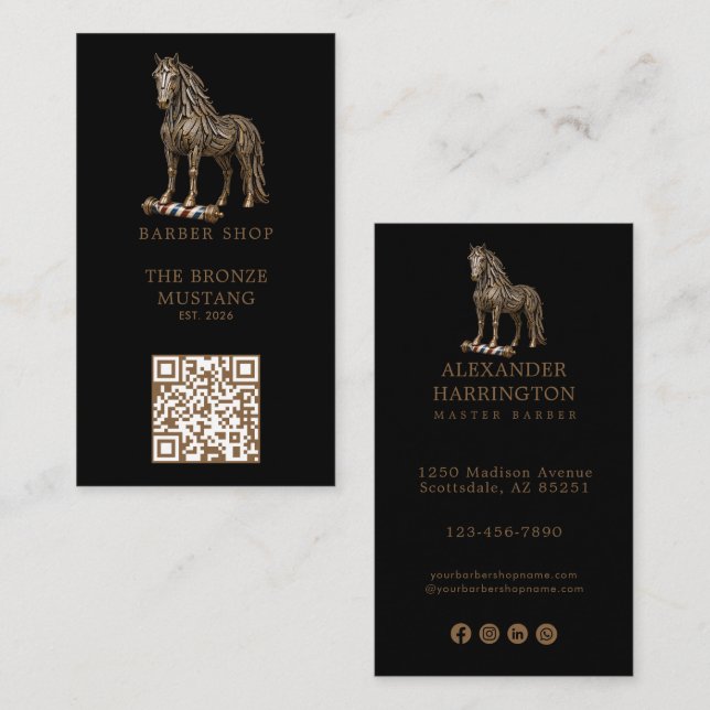 Modernes Bronze-Mustang-Friseurstudio-Logo Qr-Code Visitenkarte (Vorne/Hinten)