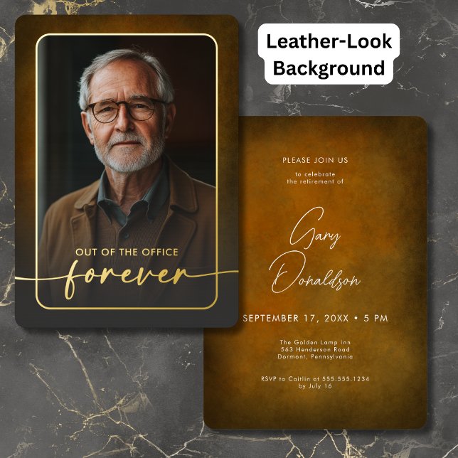 Modernes Brown Leather Foto Retirement Party Folieneinladung (Modern Brown Leather Photo Retirement Party Foil Invitation)