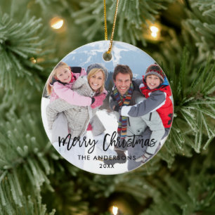 Modernes Brush Script Family Foto Frohe Weihnachte Keramik Ornament